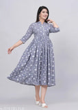Embroidered rayon three-quarter sleeve Anarkali Kurti, Sanganeri Print, traditional Indian womenswear
