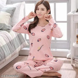 Strawberry print cotton blend nighty with long sleeves and pyjama bottoms, comfortable sleepwear for women, Indian origin