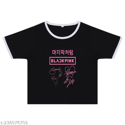 Black cotton Maxall KPOP crop top (black) for girls/women, printed with BLACKPINK design on a short-sleeved silhouette, originating from India