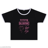 Black cotton Maxall KPOP crop top (black) for girls/women, printed with BLACKPINK design on a short-sleeved silhouette, originating from India