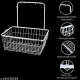 Silver metal dish drainer with hanging hooks, 10 slots for dishes, utensil holder on top