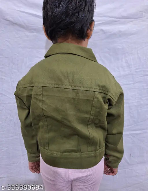 Olive green denim full sleeve jacket, kids, regular fit