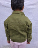 Olive green denim full sleeve jacket, kids, regular fit
