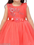 Red net embellished frock dress by Aarika Girls, perfect for parties in sizes 12-18 months, 3-4 years, 4-5 years, and 5-6 years