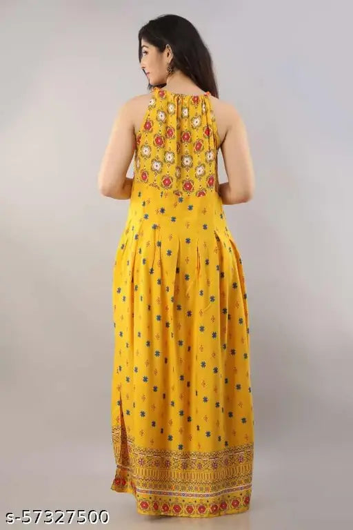 Musterd yellow printed rayon long kurti, sleeveless with intricate Indian design