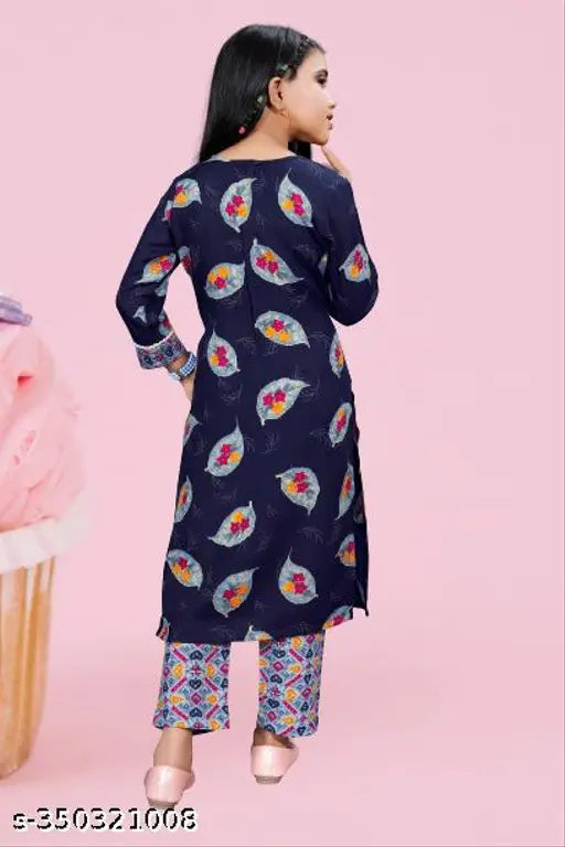 Stylish rayon kurta and trousers set for girls, printed with Indian motifs, 8-14 years, India origin