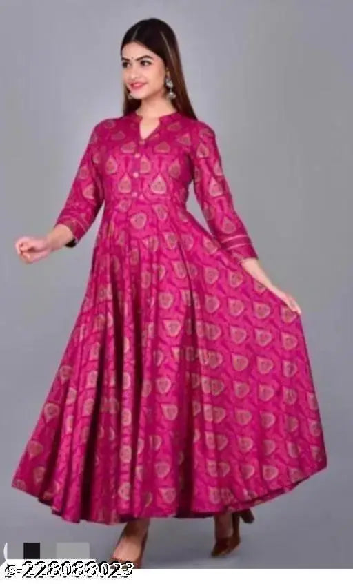Pink gold print maxi gown, long sleeves, festive, rayon fabric.