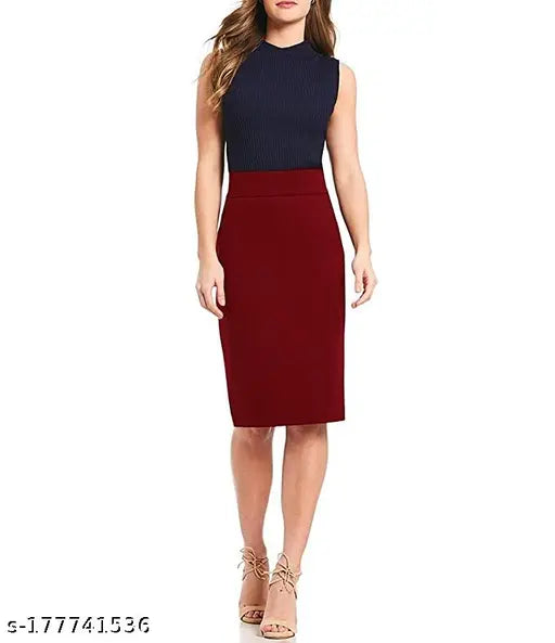 Women's formal midi pencil skirt in navy blue, stretchy fabric with elasticized waist belt