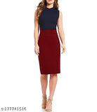 Women's formal midi pencil skirt in navy blue, stretchy fabric with elasticized waist belt