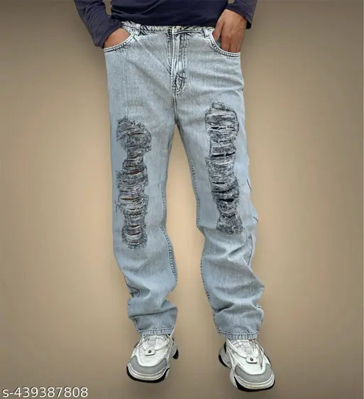Ripped blue denim jeans, men's fashion