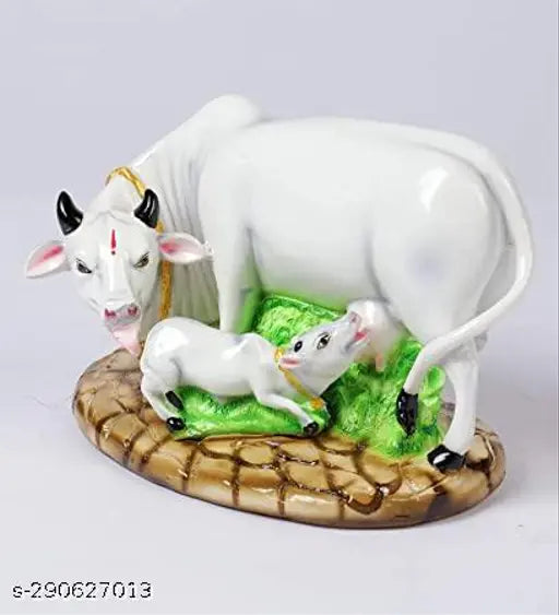 White poly resin Kamdhenu cow and calf decorative statue, Indian home decor, 9cm tall