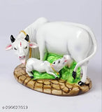 White poly resin Kamdhenu cow and calf decorative statue, Indian home decor, 9cm tall