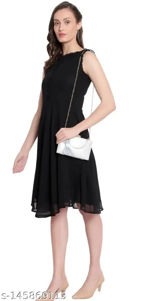 Black lace sleeveless dress, clutch purse