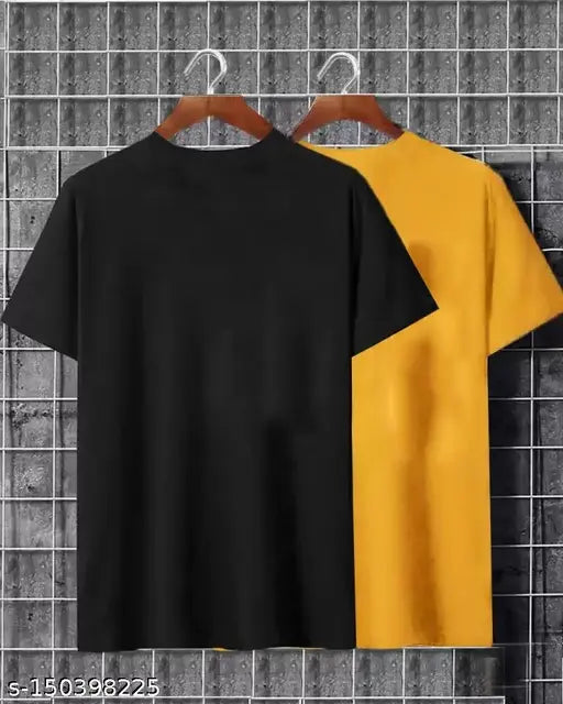 Black cotton blend men's printed round t-shirt pack 2, short sleeves, India origin