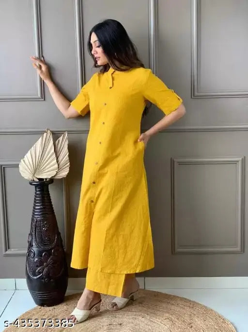 Cotton and linen woman's kurta set with matching pants, solid net pattern for couples. XL (Bust 42in, Kurta 36in, Pants 44in), XXL (Bust 44in, Kurta 38in, Pants 46in) - Indian-made apparel
