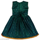 Bottle Green Satin Frock Dress with Gold Embroidery, sleeveless and knee-length, for girls aged 3-4 Years