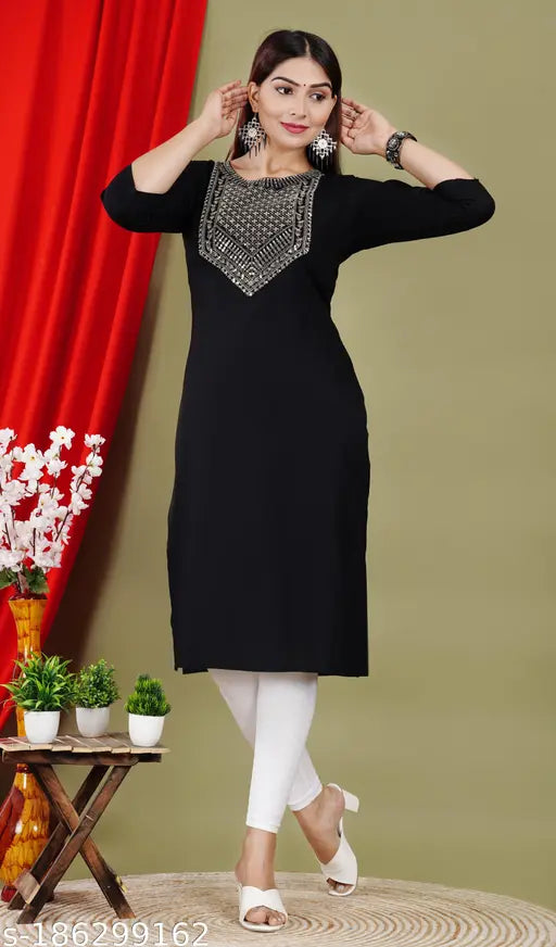 Rayon straight-kurti with long sleeves, printed combo; size S (36in bust), M (38in bust), L (40in bust), XL (42in bust), XXL (44in bust) - Indian fashion for comfortable style
