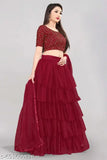 Maroon embroidered semi-stitched lehenga choli (free size), satin top with net dupatta. Unstitched choli for alterable waist up to 42 inches, semi-stitched design