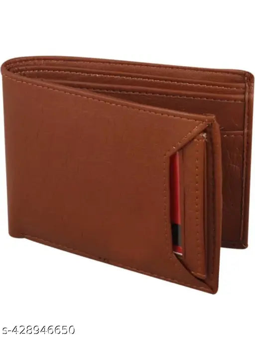 Brown faux leather men's casual card holder wallet, 2 compartments, solid design