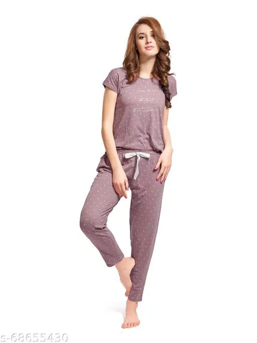 Cotton pink & grey triangle printed top & pyjama half sleeve nightsuit set in M, flattering cuts and color-fastness guaranteed, Indian craftsmanship