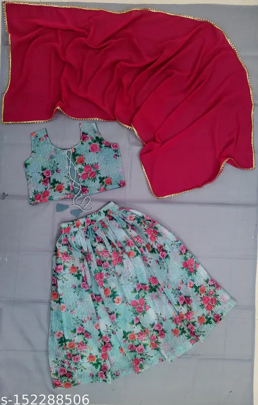 Gorgeous crepe lehenga choli with digital print, comfortable for girls ages 2-11. Versatile wear for functions, festivals, parties, Navratri, weddings in bright colors. Handcrafted Indian lehenga, choli, and dupatta set with sequins work and embroidery