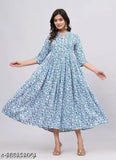 Blue, cotton, long dress with flared sleeves