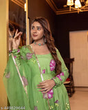 Attractive women's floral Georgette gown with dupatta, long sleeves, embroidered net pattern. Available in S-XXL, Indian-made
