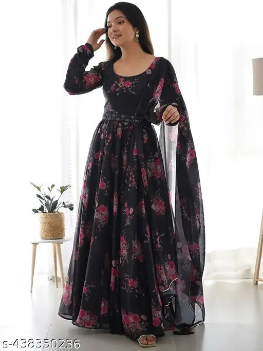 Black Georgette full-flared aline designer gown with floral print for women, includes dupatta, inner, and free belt. Perfect for home or regular wear