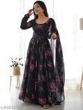 Black Georgette full-flared aline designer gown with floral print for women, includes dupatta, inner, and free belt. Perfect for home or regular wear