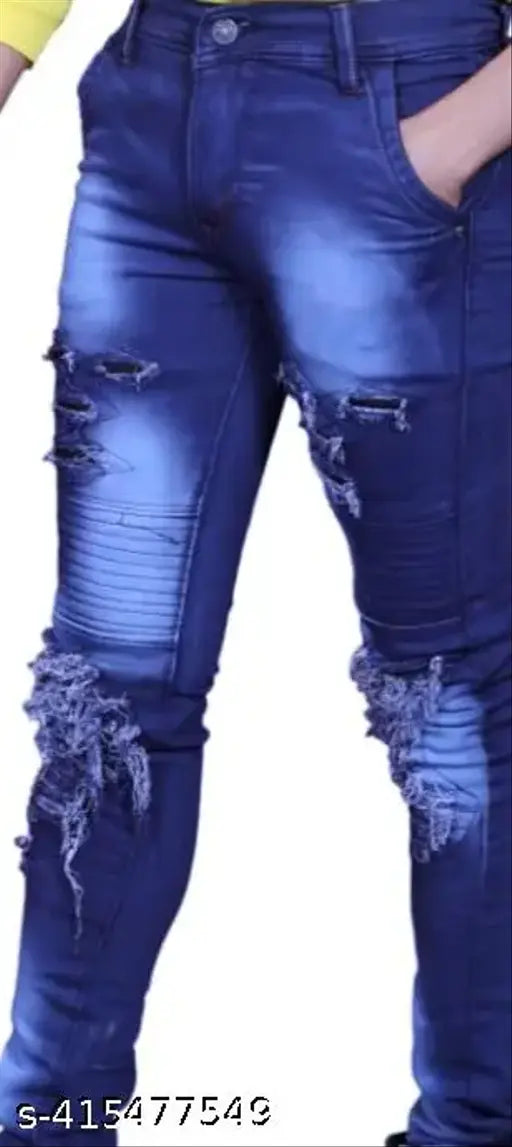 Glamorous cotton-blend blue jeans for men, solid pattern with ruffled look, size options: 26, 28, 30, 32, 34 (India origin)