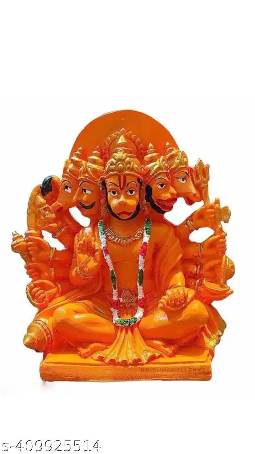 Orange resin Panchmukhi Hanuman statue, contemporary spiritual home decor (6 inch)