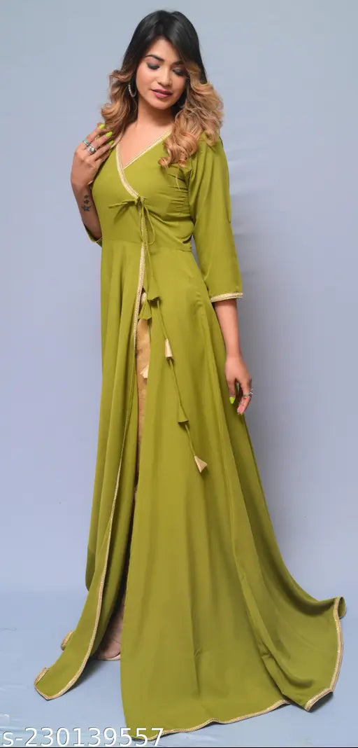 Diyaz women's polyester angarkha-front slit open kurti in solid combo, three-quarter sleeves, perfect for Indian festive wear with golden bottomwear and chandbali. Check size chart before ordering to ensure best fit