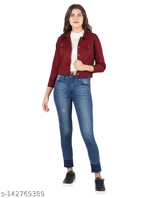 Denim Fancy Graceful Women Jacket, solid net design, long sleeves, size S (36in bust, 21in length), made in India