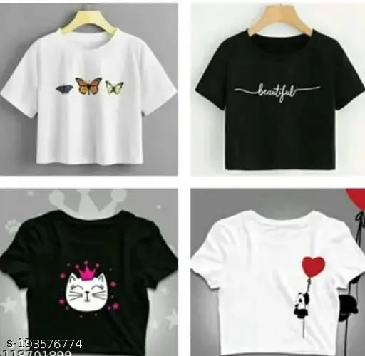 Trendy cotton blend crop tops, pack of 4 for girls' casual wear, printed pattern, XS-XL sizes