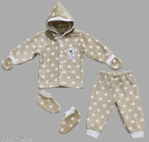 Beige wool full sleeves polka dots cartoon print hooded sweaters set for baby boys and girls, perfect winter outfit with matching bodysuits