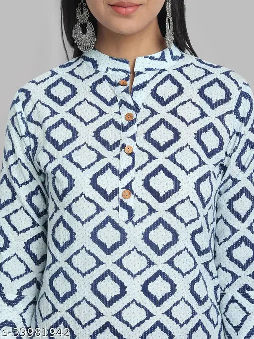 Stylish cotton kurta with rayon palazzos, three-quarter sleeves, printed net pattern, Ranak brand, size L (bust 40in), Indian origin