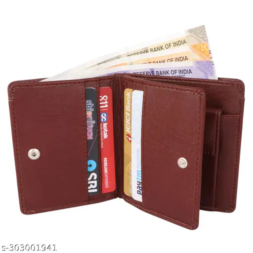 Brown faux leather men's wallet, 6 card slots, 1 coin pocket, 2 hidden compartments, 2 currency slots, ID slot. Perfect gift for loved ones in a charming gift box