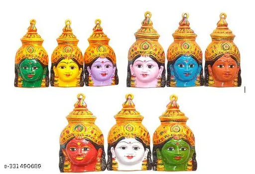 Metal Navadurga Devi face set of 9, Indian god idols, 8x4 inches each