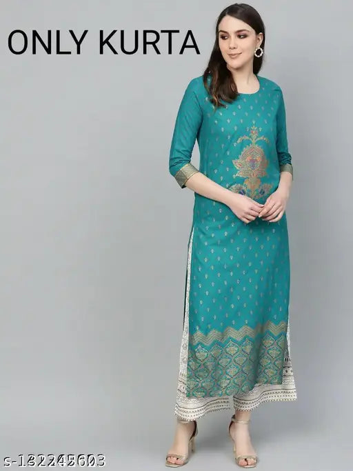 Green rayon printed kurti, three-quarter sleeves, embroidered Jaipur motif design, ideal for women's special occasions