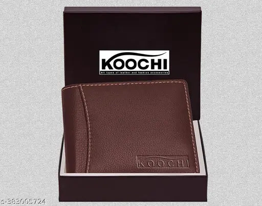Brown textured PU leather bi-fold wallet for men, features 9 card slots, 2 transparent card slots, 2 cash compartments, 1 coin slot, bi-fold closure, and side pocket snap button lock. Made in India