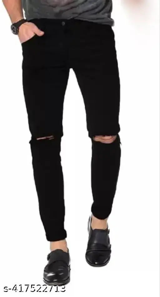 Men's black stretchable slim fit knee-cut jeans, denim solid design, ideal for fashion-conscious shoppers looking for versatile and comfortable apparel