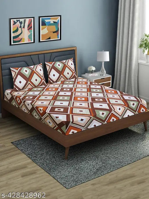 Microfiber double floral fitted bedsheets (144 TC, elastic), geometric pattern, 4 pillow covers included - summer bedroom decor accessory