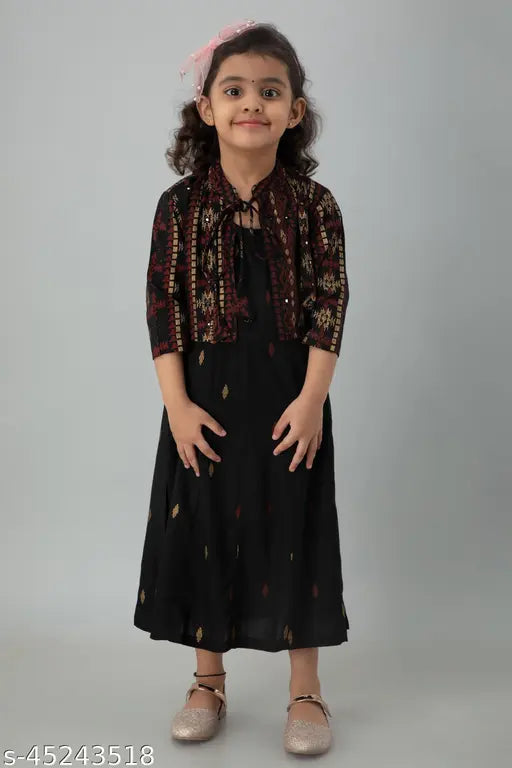 Kavish baby girl black printed Anarkali kurti & geometric short jacket, rayon, three-quarter sleeves, printed net, India
