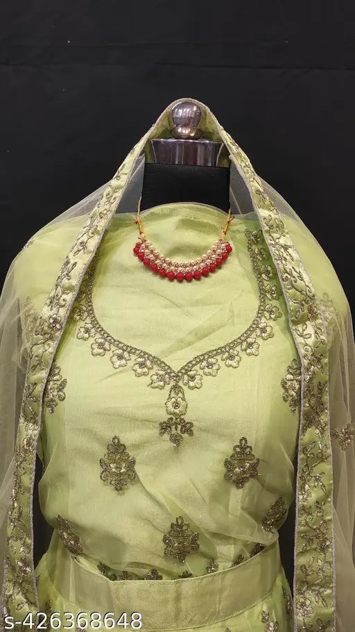 Embroidered diamond work net lehenga choli set with dupatta and blouse, free size, India origin