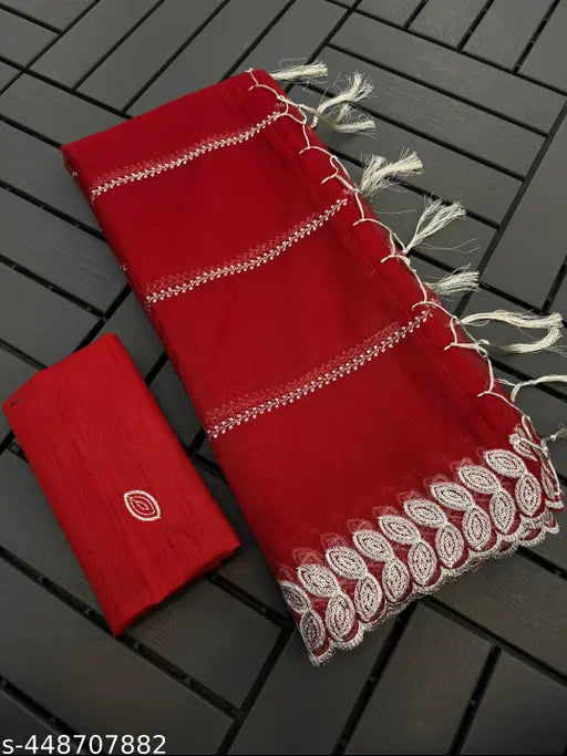 Attractive Super Net Saree with embellished embroidery work, Bangalore silk blouse, cutwork border, and glitter sequins in free size (5.5m saree length, 0.8m blouse length), handcrafted in India