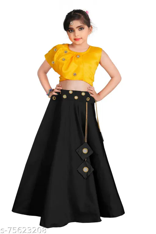Embellished jacquard lehenga with mirror work, sleeveless and stitched net, for children ages 3-9 years, Indian traditional outfit on display