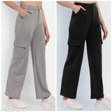 Ashma Enterprises cotton lycra high-rise cargo pants, pack of 2 combo - casual and formal wear, straight fit with stretchable slanted inset pocket and flap