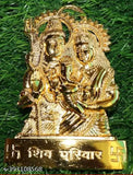 Gold-plated Shiv parivar idol set for car dashboard, featuring Shiv ji, Parvati, and Ganesh. Indian metal home decor, 12 cm x 6 cm x 3 cm