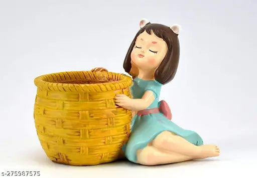 Ceramic resin fairy girl figurine with succulent basket planter pot (without plant), beautifully handcrafted and colored by skilled artisans