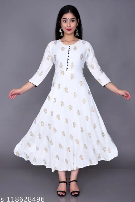Indian rayon printed anarkali kurti with three-quarter sleeves, vibrant pattern on XS-XXXL sizes
